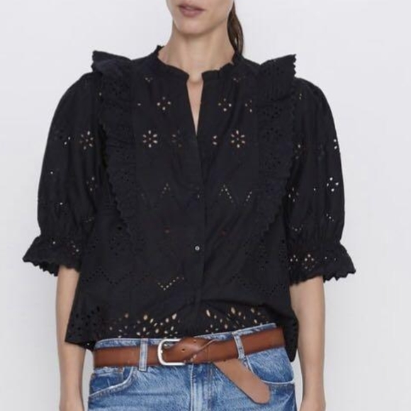 Zara Tops Zara Embroidered Eyelet Ruffled Button Up Blouse Poshmark
